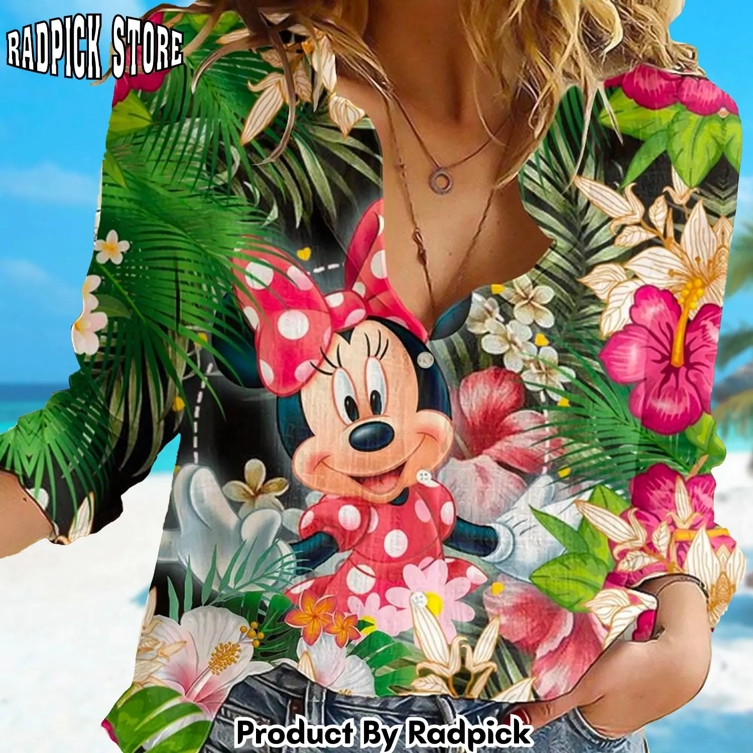 Radpick mouse tropical linen tcasual shirt pink mouse linen shirt movie linen button shirt cartoon women blouses shirt magic kingdom gift rp662553